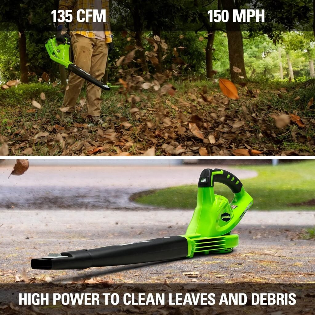 Greenworks 40V Leaf Blower/Sweeper, 150 MPH, Lightweight, Quiet, with 2.0 Ah Battery and Charger, Perfect for Residential Lawn Care, Leaf Blowing Debris, Dust, Light Snow, and More